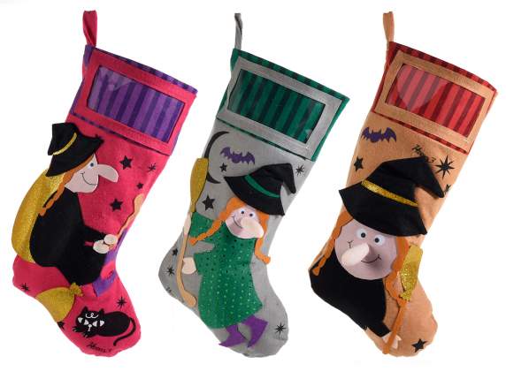 Sweets holder sock in cloth with Befana decorations and gree