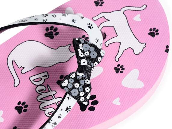 Pair of womens flip flops with Pretty Cat print string wi