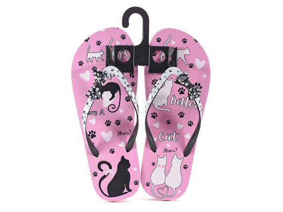 Pair of womens flip flops with Pretty Cat print string wi