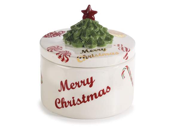 Verziertes Keramik-Lebensmittelglas mit Weihnachtsbaum