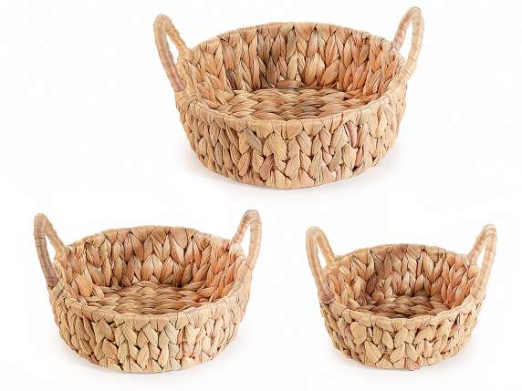 Set of 3 round woven hyacinth baskets with handles