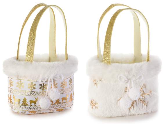 Handbag with pompom cloth and eco-fur border, golden glitter