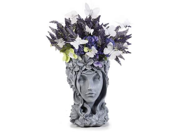 Vase en résine Visage de femme avec décorations florales e
