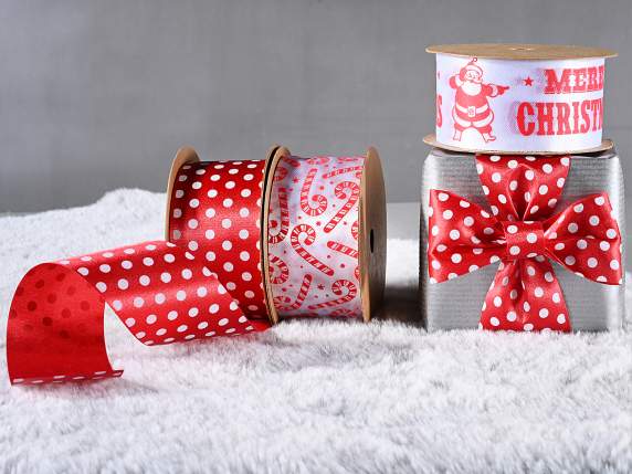 Nastro in poliestere bianco-rosso con decorazioni natalizie