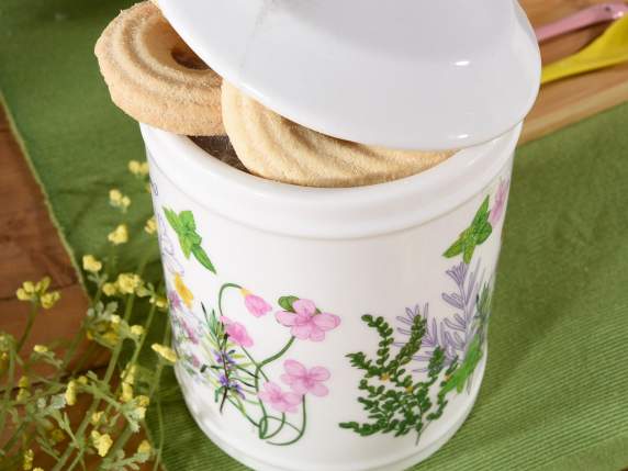 Pot alimentaire en céramique blanche avec imprimé Herbs