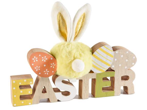 Ecriture de Pâques en bois coloré avec œufs et pompons lapin