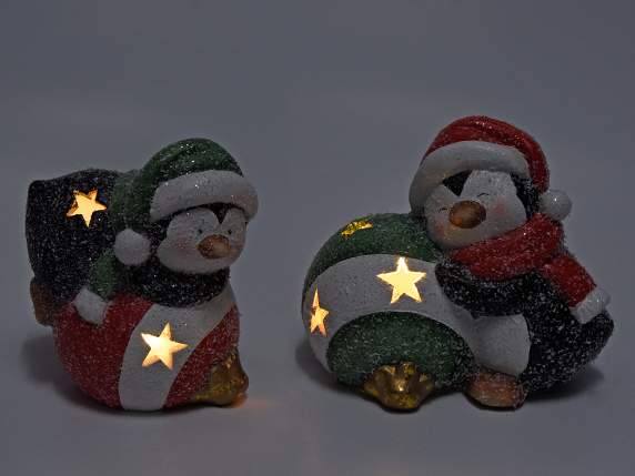 Pingouin en céramique sur boule de Noël avec lumière LED