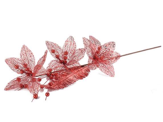 Branche de poinsettia artificielle avec baies et feuilles ro