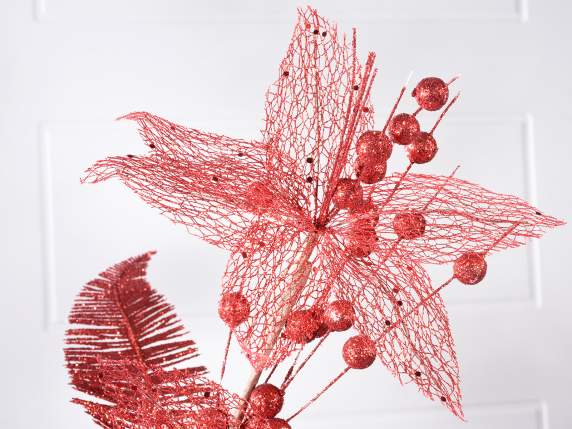 Branche de poinsettia artificielle avec baies et feuilles ro