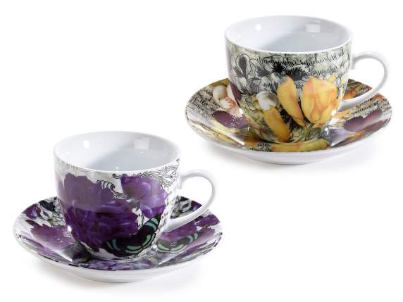 Lot de 2 tasses à thé en porcelaine Fleurs avec soucoupe