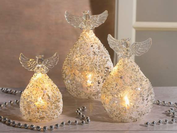 Set 3 angeli in vetro decorato con luce LED da appoggiare