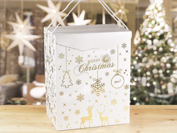 Scatola in cartone con stampe natalizie dorate e manici