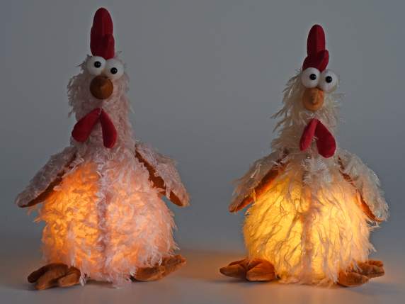 Country Henne mit Stoff in Federoptik und LED-Leuchten