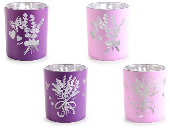 Kerzenhalter aus farbigem Glas mit Lavendel-Dekorationen