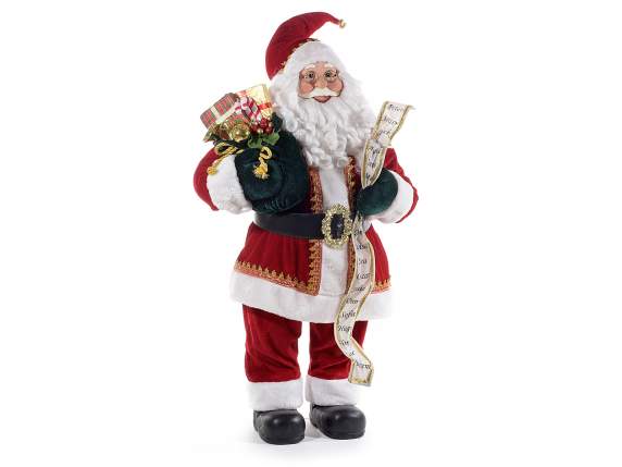 Weihnachtsmann mit rotem Samtanzug, Gürtel und Geschenktüte