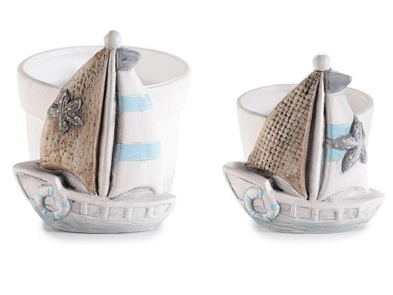 Set aus 2 Keramikvasen mit Segelboot-Dekoration