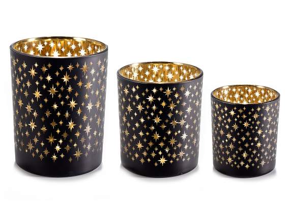 Set aus 3 Kerzenhaltervasen aus Glas, verziert mit Sternen