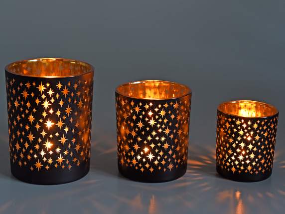 Set aus 3 Kerzenhaltervasen aus Glas, verziert mit Sternen
