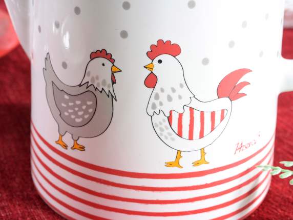 Keramikteekanne mit Deckel und Hühner- und Herzdekorationen