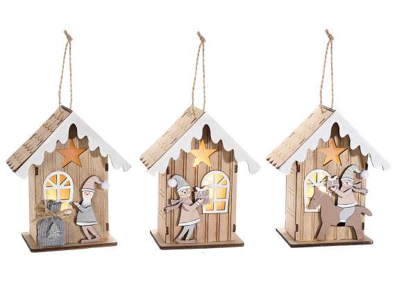 Holzhaus zum Aufhängen mit Weihnachtsfiguren und Lichtern