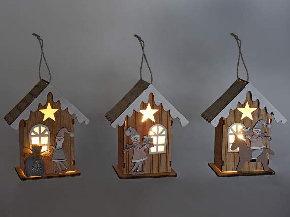 Holzhaus zum Aufhängen mit Weihnachtsfiguren und Lichtern