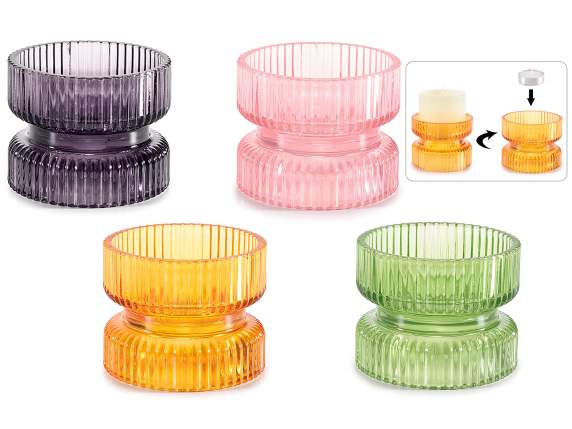 Rändelbarer Kerzenhalter aus farbigem Glas mit doppeltem Ver