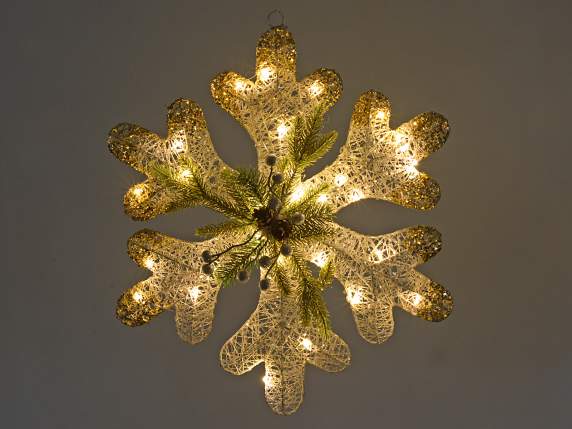 Schneeflocke aus Metall mit warmweißen LED-Leuchten zum Aufh