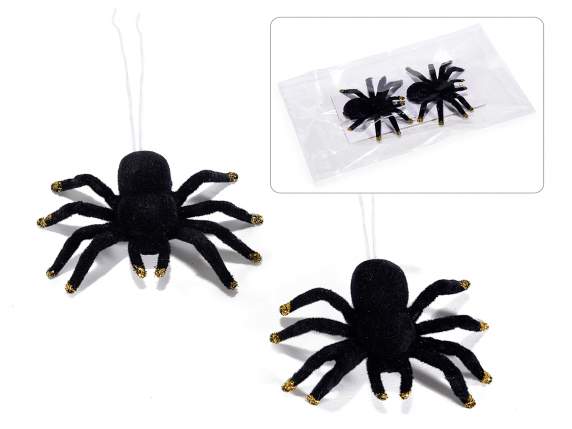Packung mit 2 Spinnen aus schwarzem Samt mit formbarem Faden