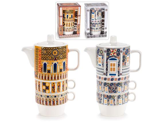 Porzellan-Teekannen-Set „Palazzi“ mit 2 Tassen in Geschenkbo