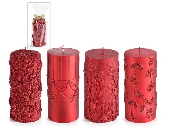 Große rote Kerze mit geprägten Verzierungen im Einzelpack