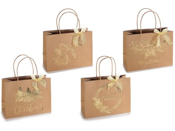 Krafttasche aus Papier mit Weihnachtsdruck und goldener Floc