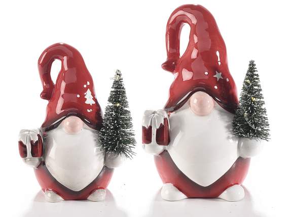 Set 2 Weihnachtsmänner aus Porzellan mit Baum und LED-Lichte
