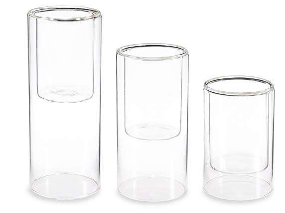 Set mit 3 zylindrischen Vasen-Kerzenhaltern aus klarem Glas