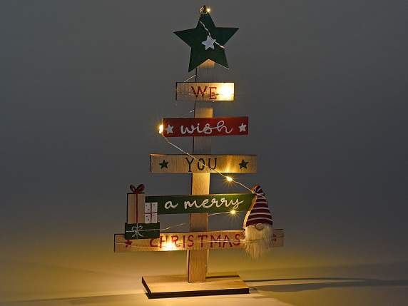 Weihnachtsbaum aus Holz mit Dekorationen und LED-Leuchten