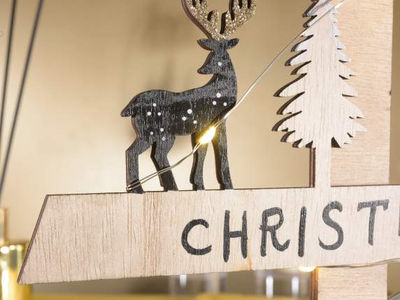 Set aus 2 Weihnachtsbäumen aus Holz mit Dekorationen und LED