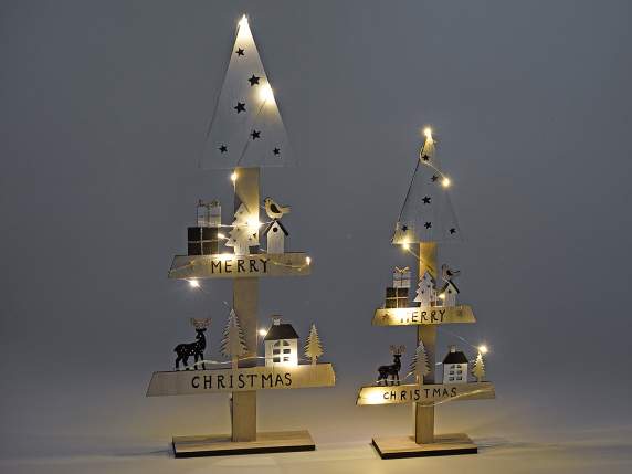Set aus 2 Weihnachtsbäumen aus Holz mit Dekorationen und LED