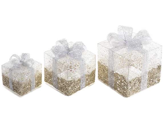 Set mit 3 Geschenkpackungen aus Metall mit warmweißen LED-Le