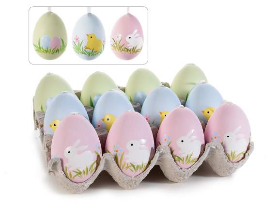 Expositor 12 huevos de plástico pintados a mano para colgar