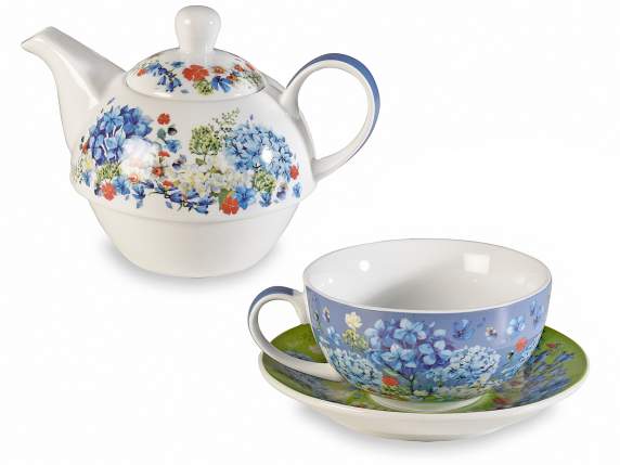 Porzellan-Set aus Tasse, Teekanne und Untertasse „Wildblumen