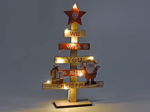 Albero di Natale in legno con scritte, decori e luci led