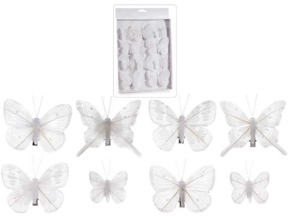 Scatola 10 farfalle bianche 2 misure c-piume vere e clip