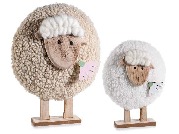 Set 2 pecore in legno rivestite effetto lana da appoggiare
