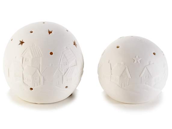 Set 2 sfere in ceramica con paesaggio innevato e luce led