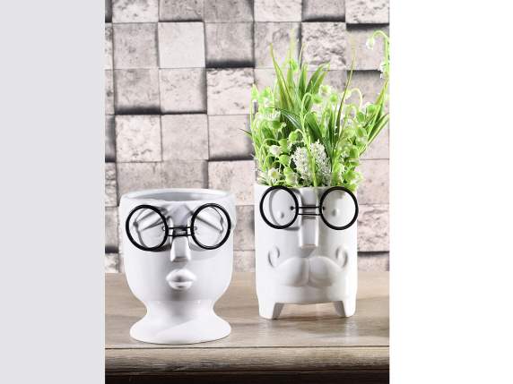 Conjunto de 2 jarrones de cerámica blanca Cara con gafas