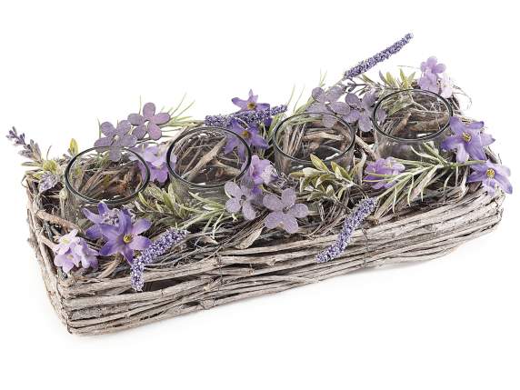 Tafelaufsatz aus Holz „Lavendel“ mit 4 Teelichthaltern aus G