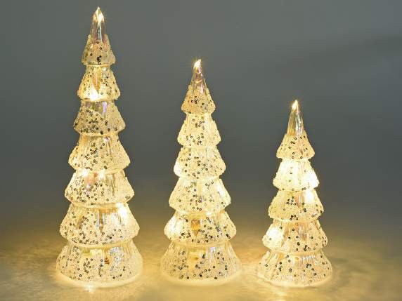 Set aus 3 schillernden Glasbäumen mit Pailletten und LED-Lic