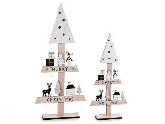 Set of 2 wooden Christmas trees with decorations and led lig