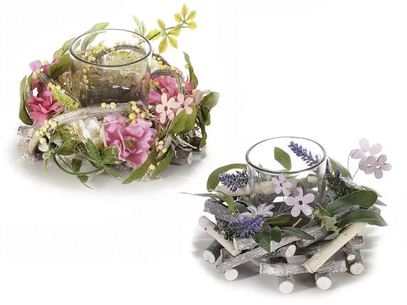 Centros de mesa con flores de tela y vasito para velas