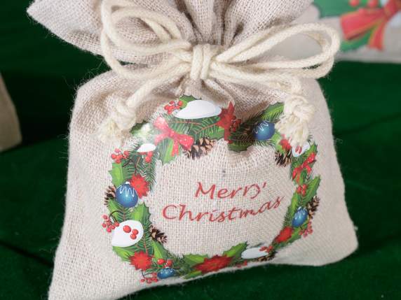 Bolsa de algodón natural con estampado navideño y tirador