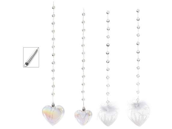Set de 4 corazones de cristal decorados con luces LED y plum